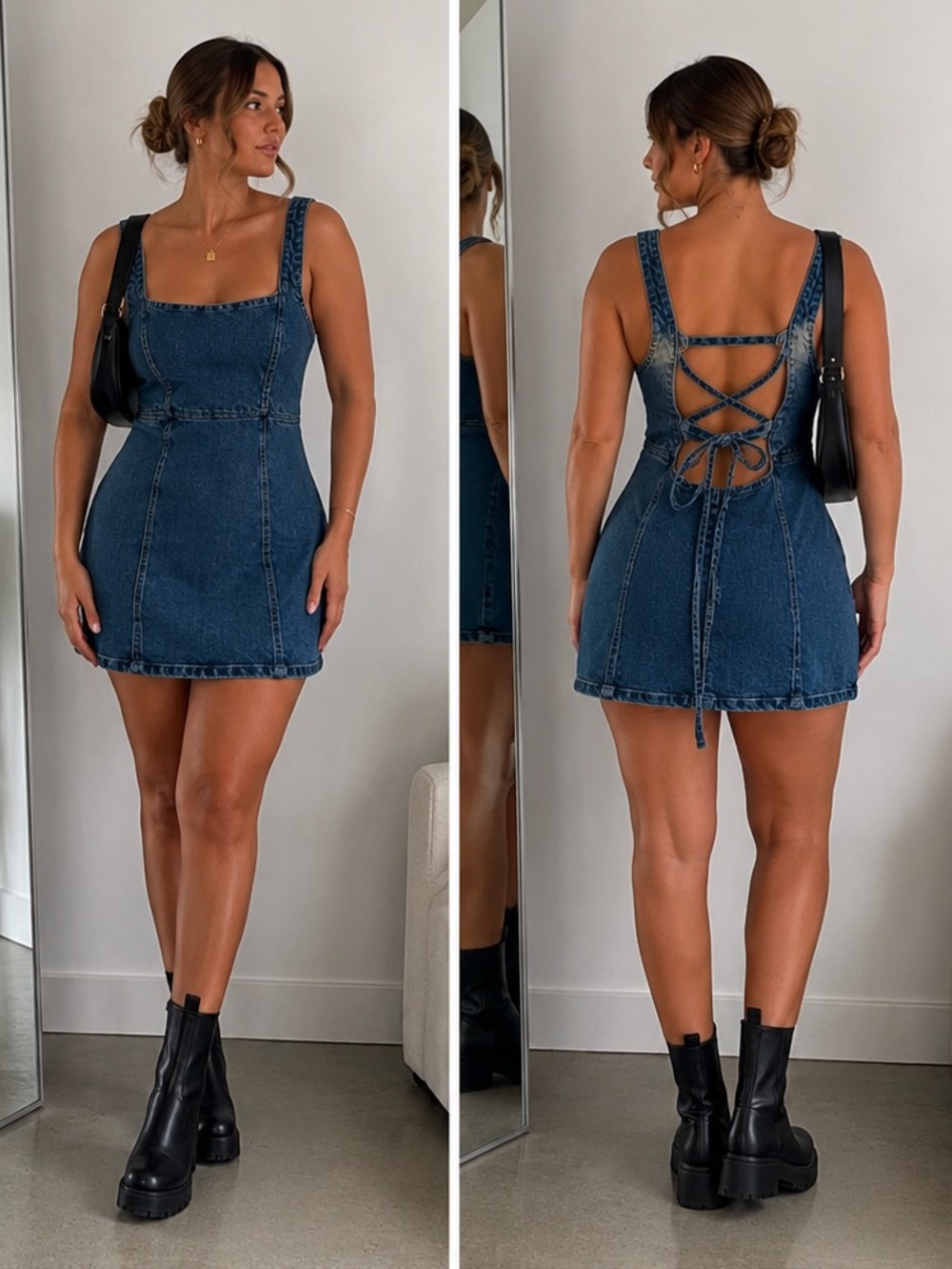 Zara Blue Denim Square-Neck Mini Dress XL